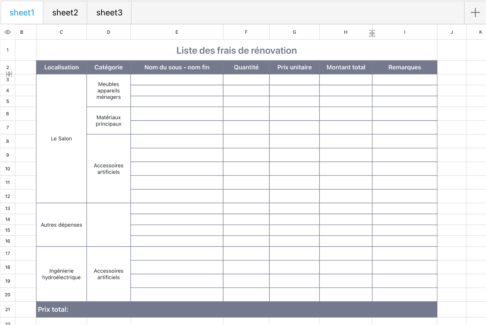 Liste des frais de rénovation